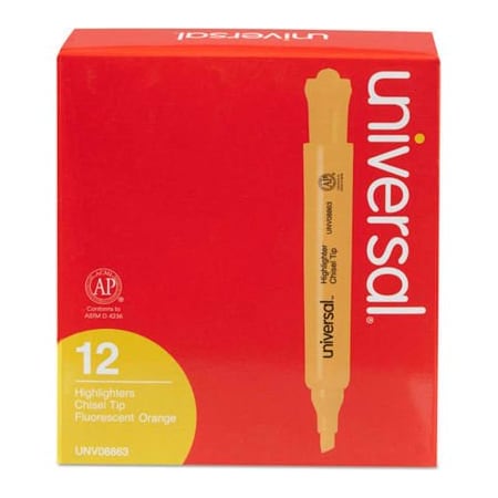 Universal Products Desk Highlighter, Chisel Tip, Pocket Clip, Fluorescent Orange, dozen 8863